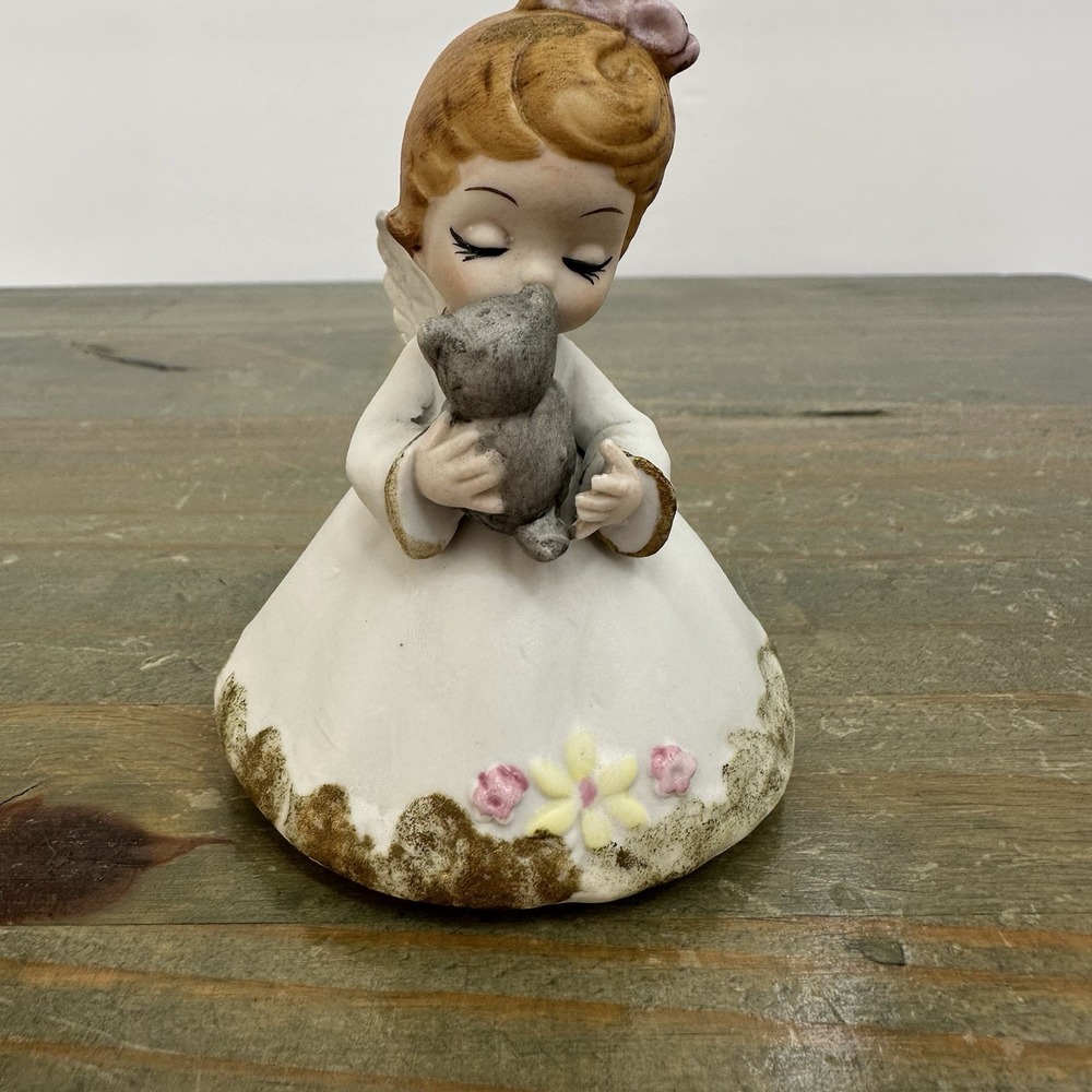 Josef Originals LIttle Bisque Angel Holding Gray Cat Unglazed 3" Signed